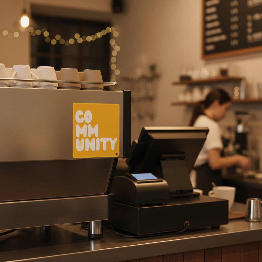 A Community in Sunflower Yellow Vinyl Sticker stuck to the back of a coffee maker in a coffee shop