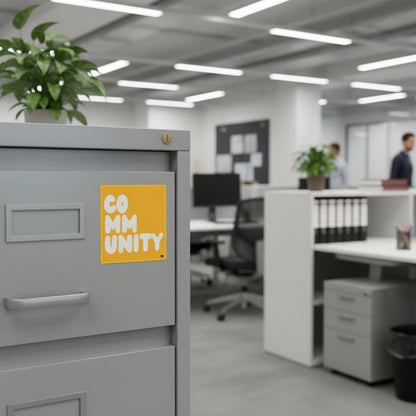 A Community in Sunflower Yellow Vinyl Sticker stuck to an office file cabinet