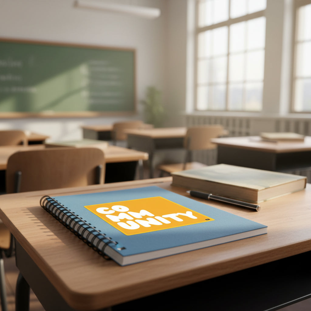 A Community in Sunflower Yellow Vinyl Sticker stuck to a notebook sitting on a desk in a classroom