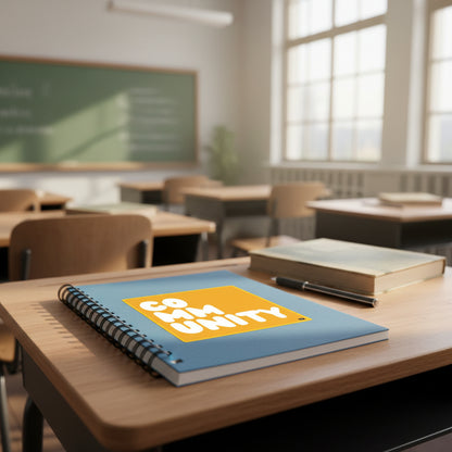 A Community in Sunflower Yellow Vinyl Sticker stuck to a notebook sitting on a desk in a classroom