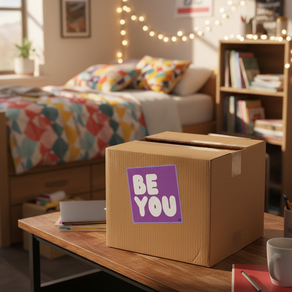 The APWT Gift Shop's Be You in Purple Sticker from the Be You Collection stuck to a box in a dorm room