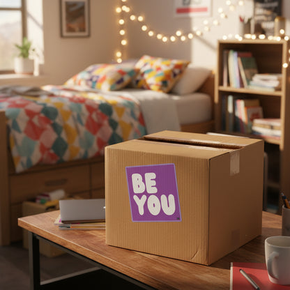 The APWT Gift Shop's Be You in Purple Sticker from the Be You Collection stuck to a box in a dorm room