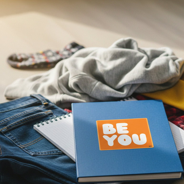 The APWT Gift Shop's Be You in Orange Vinyl Sticker stuck to the front of a book laying in a pile of clothes