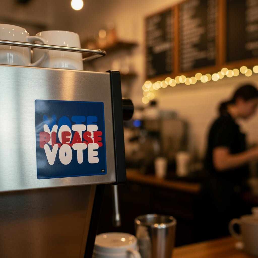 The APWT Gift Shop's Please Vote Vinyl Sticker from the APWT Vote Shop stuck to the side of a coffee maker in a cafe