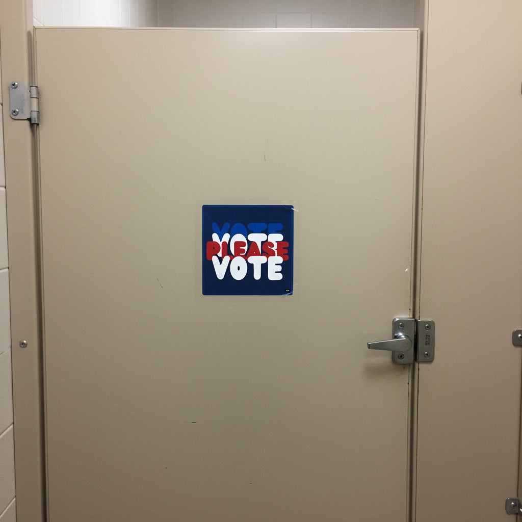 The APWT Gift Shop's Please Vote Vinyl Sticker from the APWT Vote Shop stuck to the back of a bathroom stall
