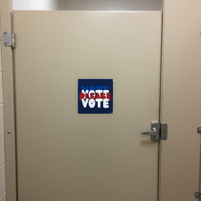 The APWT Gift Shop's Please Vote Vinyl Sticker from the APWT Vote Shop stuck to the back of a bathroom stall