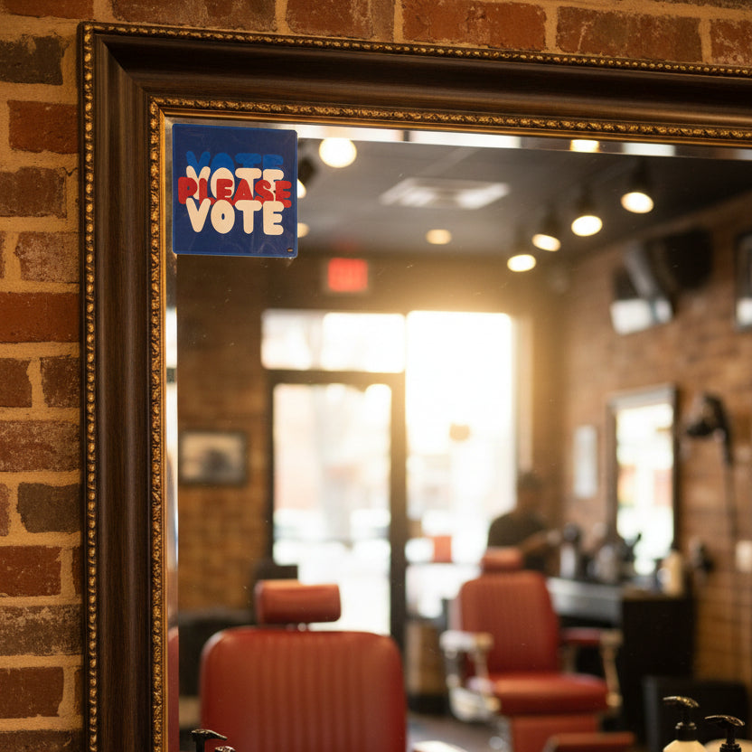 The APWT Gift Shop's Please Vote Vinyl Sticker from the APWT Vote Shop stuck to a mirror in a barbershop