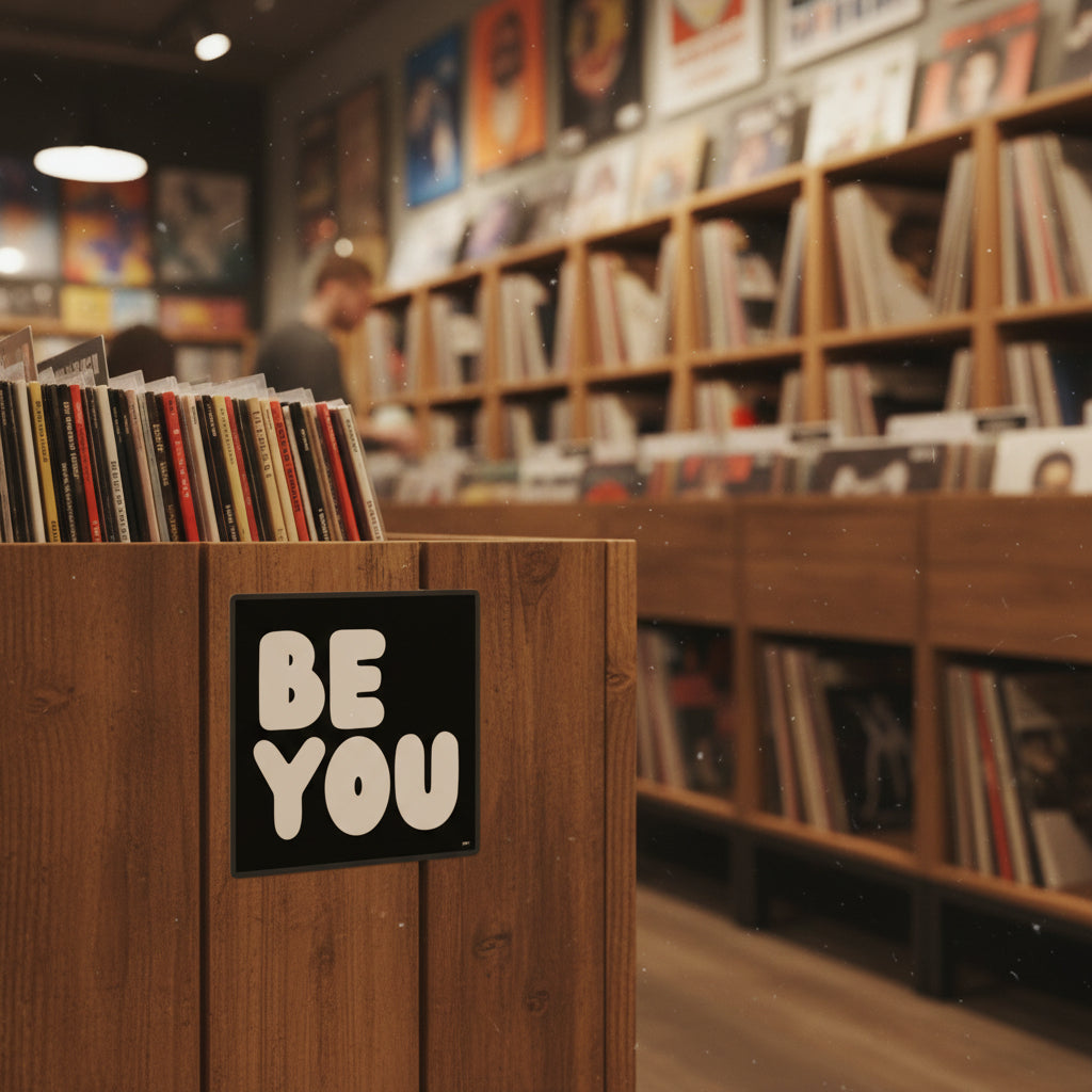 The APWT Gift Shop's Be You in Black and White Vinyl Sticker from the Be You Collection stuck to the side of crate holding records in a record shop
