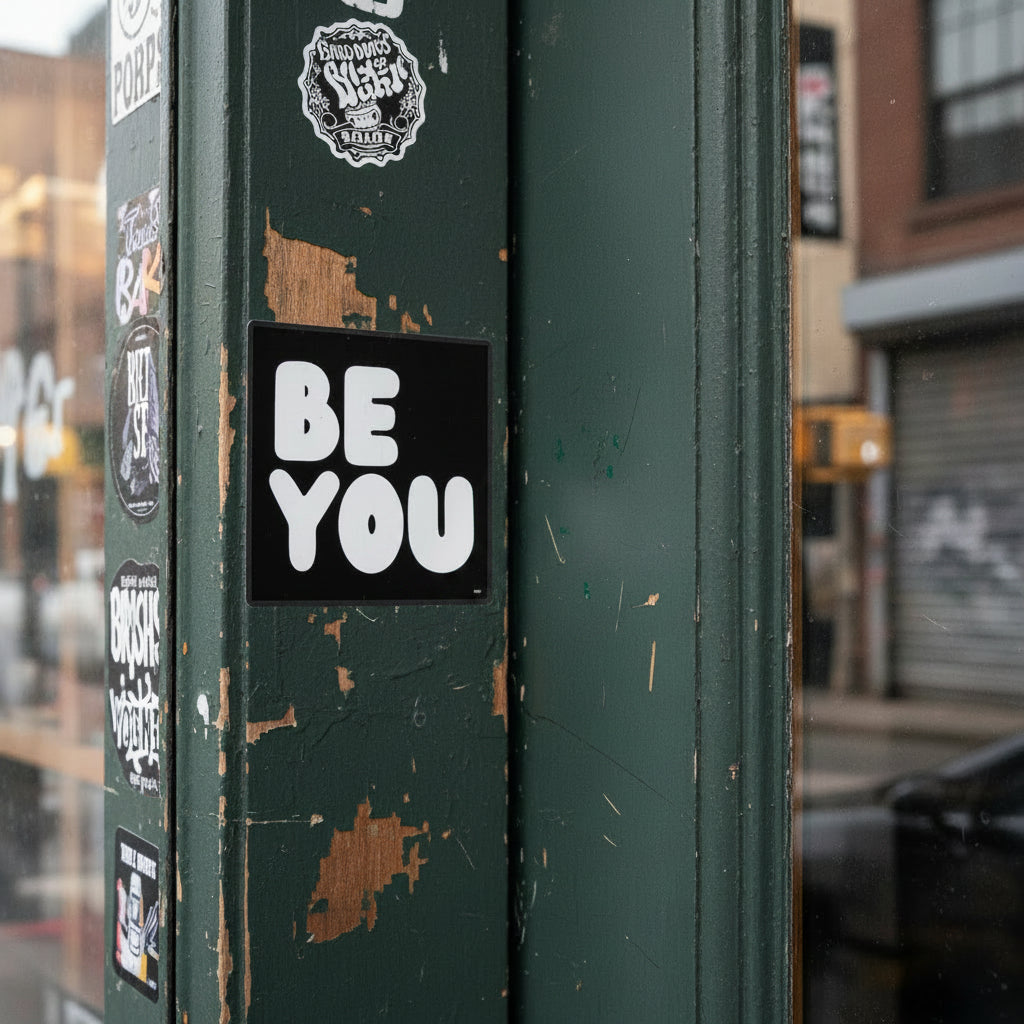 The APWT Gift Shop's Be You in Black and White Vinyl Sticker from the Be You Collection stuck to the outside of a door