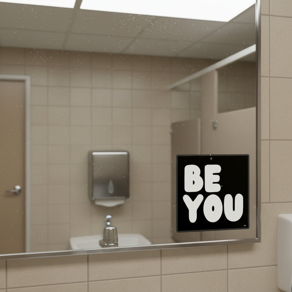 The APWT Gift Shop's Be You in Black and White Vinyl Sticker from the Be You Collection stuck to the mirror in a public bathroom
