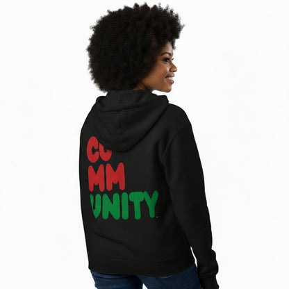 Woman wearing the APWT Gift Shop's Black Community Premium Unisex Zip-Up Hoodie from the Black Collection and the Community Collection