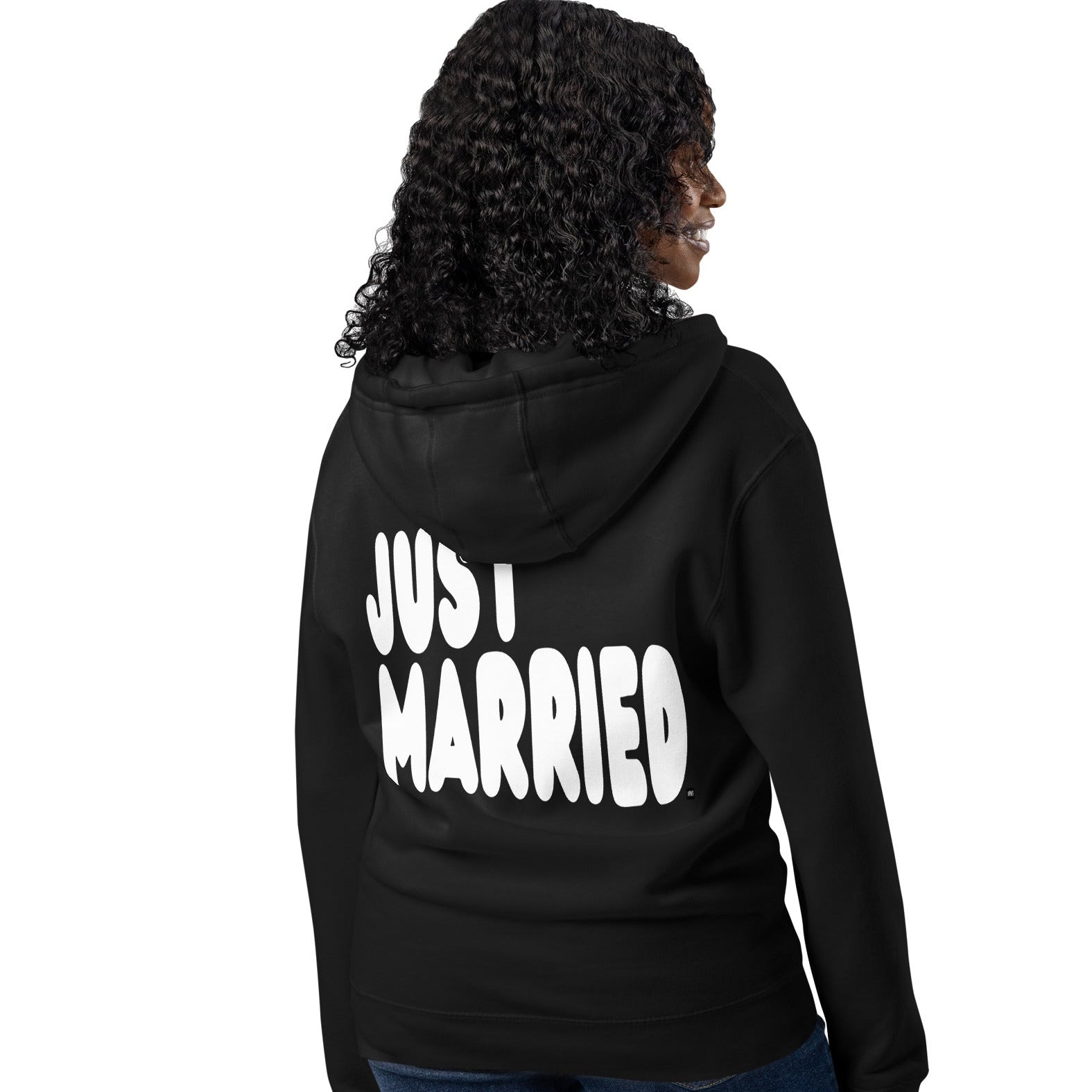 Woman wearing Just Married Premium Unisex Zip-Up Hoodie in Black