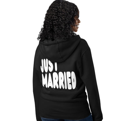 Woman wearing Just Married Premium Unisex Zip-Up Hoodie in Black