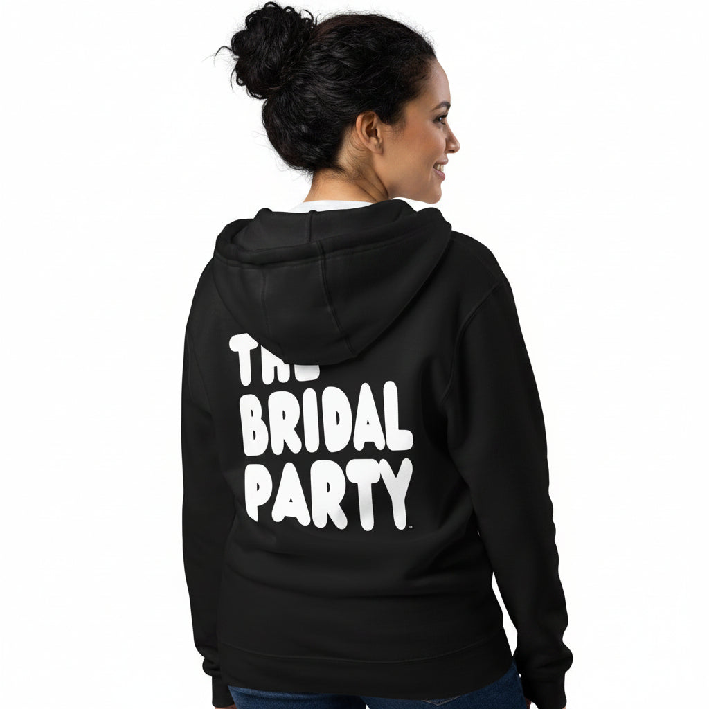 Woman wearing the APWT Gift Shop's the Bridal Party Premium Unisex Zip-Up Hoodie from the APWT Wedding Shop in Black
