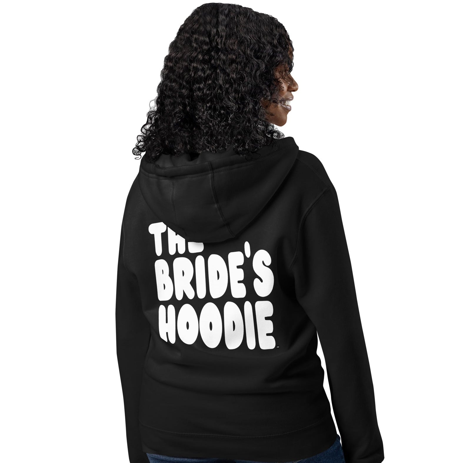 Woman wearing The Bride's Hoodie Premium Unisex Zip-Up Hoodie in Black