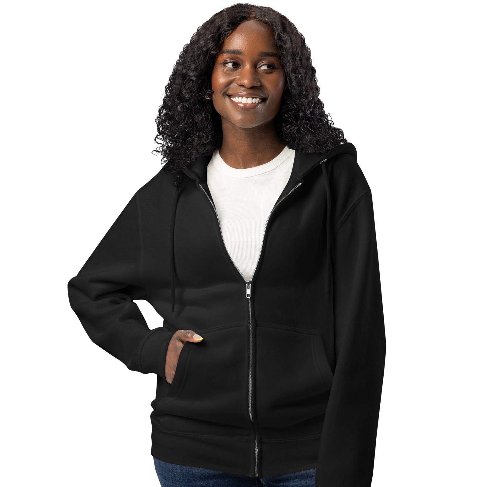 Woman wearing Just Married Premium Unisex Zip-Up Hoodie in Black