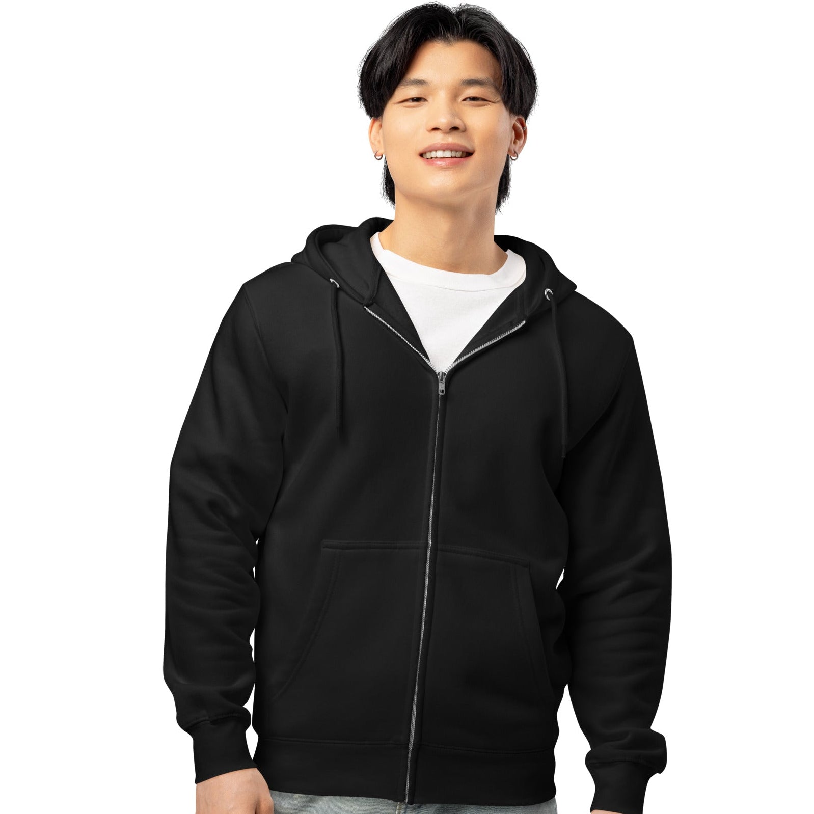 Man wearing Just Married Premium Unisex Zip-Up Hoodie in Black
