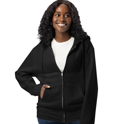 Woman wearing The Bride's Hoodie Premium Unisex Zip-Up Hoodie in Black