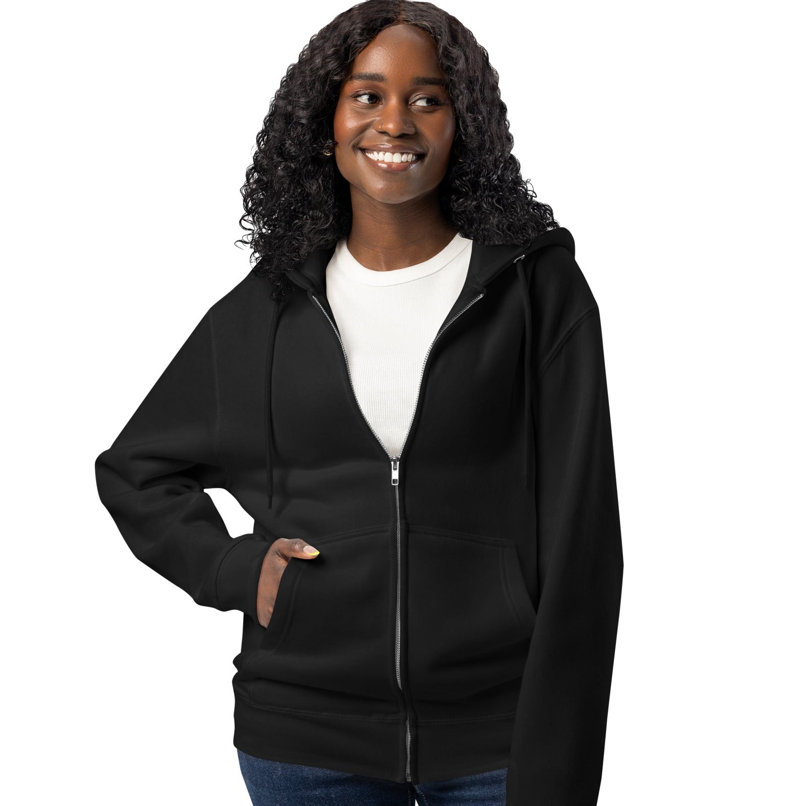 Woman wearing The Maid of Honor's Hoodie Premium Unisex Zip-Up Hoodie in Black