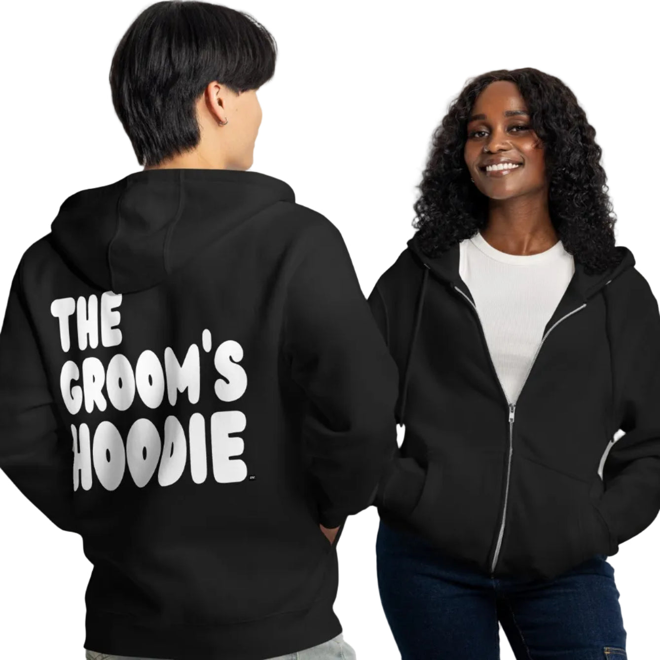 Couple wearing The Groom's Hoodie Premium Unisex Zip-Up Hoodie in Black