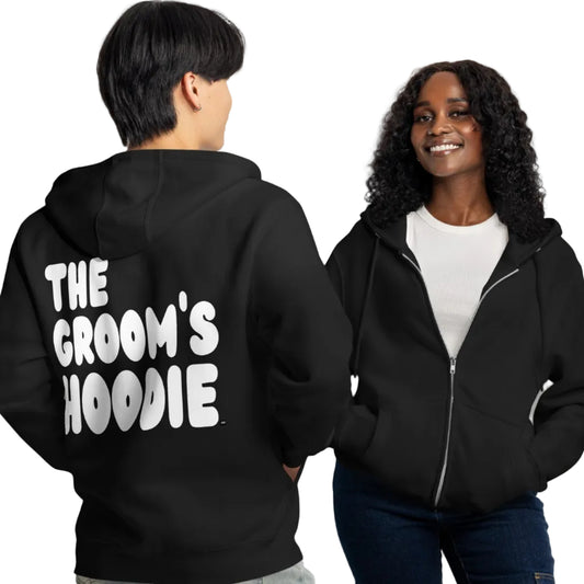 Couple wearing The Groom's Hoodie Premium Unisex Zip-Up Hoodie in Black