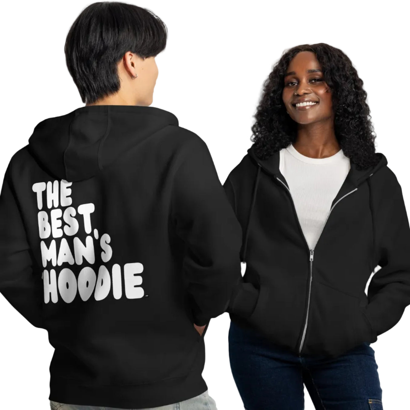 Man wearing The Best Man's Hoodie Premium Unisex Zip-Up Hoodie in Black
