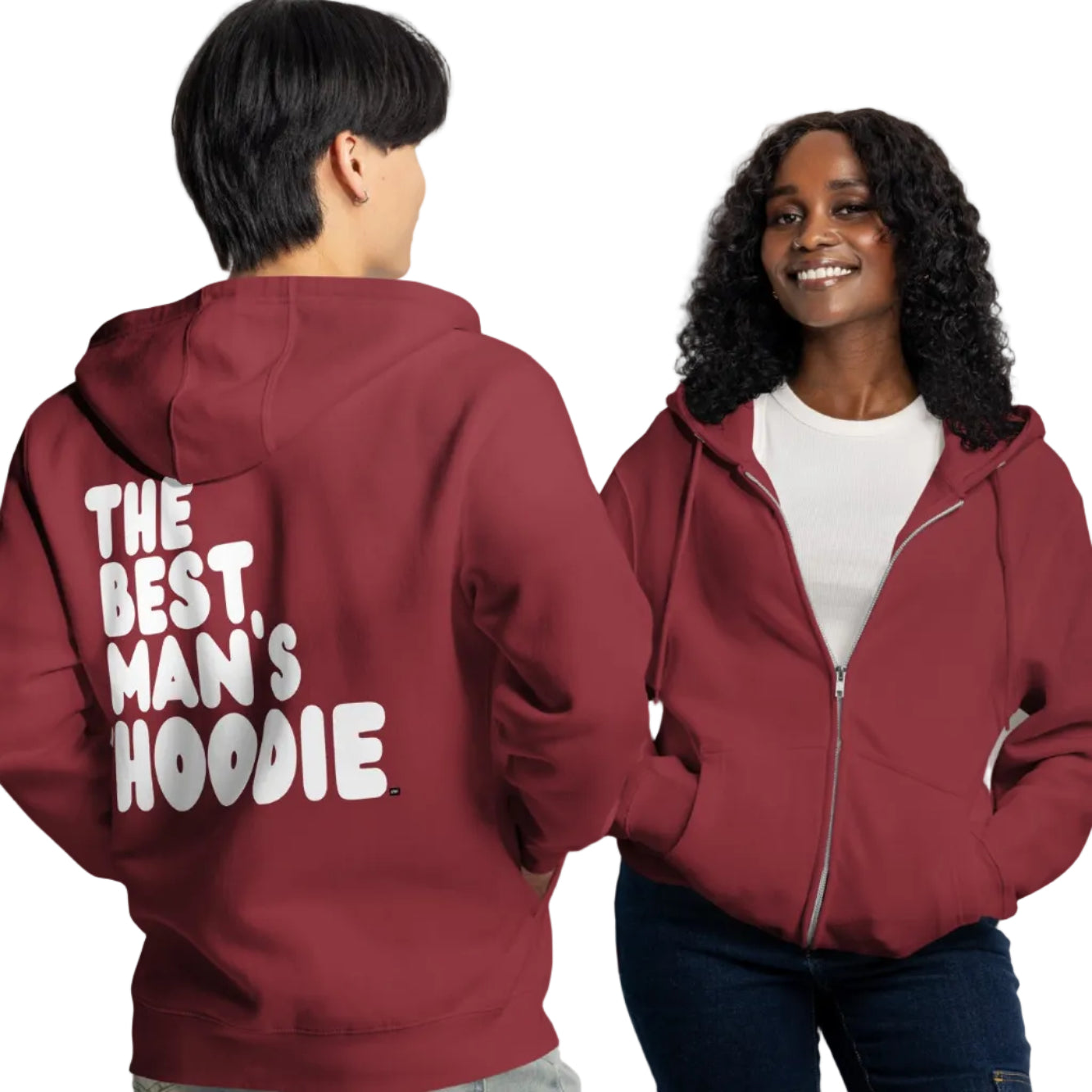 Man wearing The Best Man's Hoodie Premium Unisex Zip-Up Hoodie in Burgundy