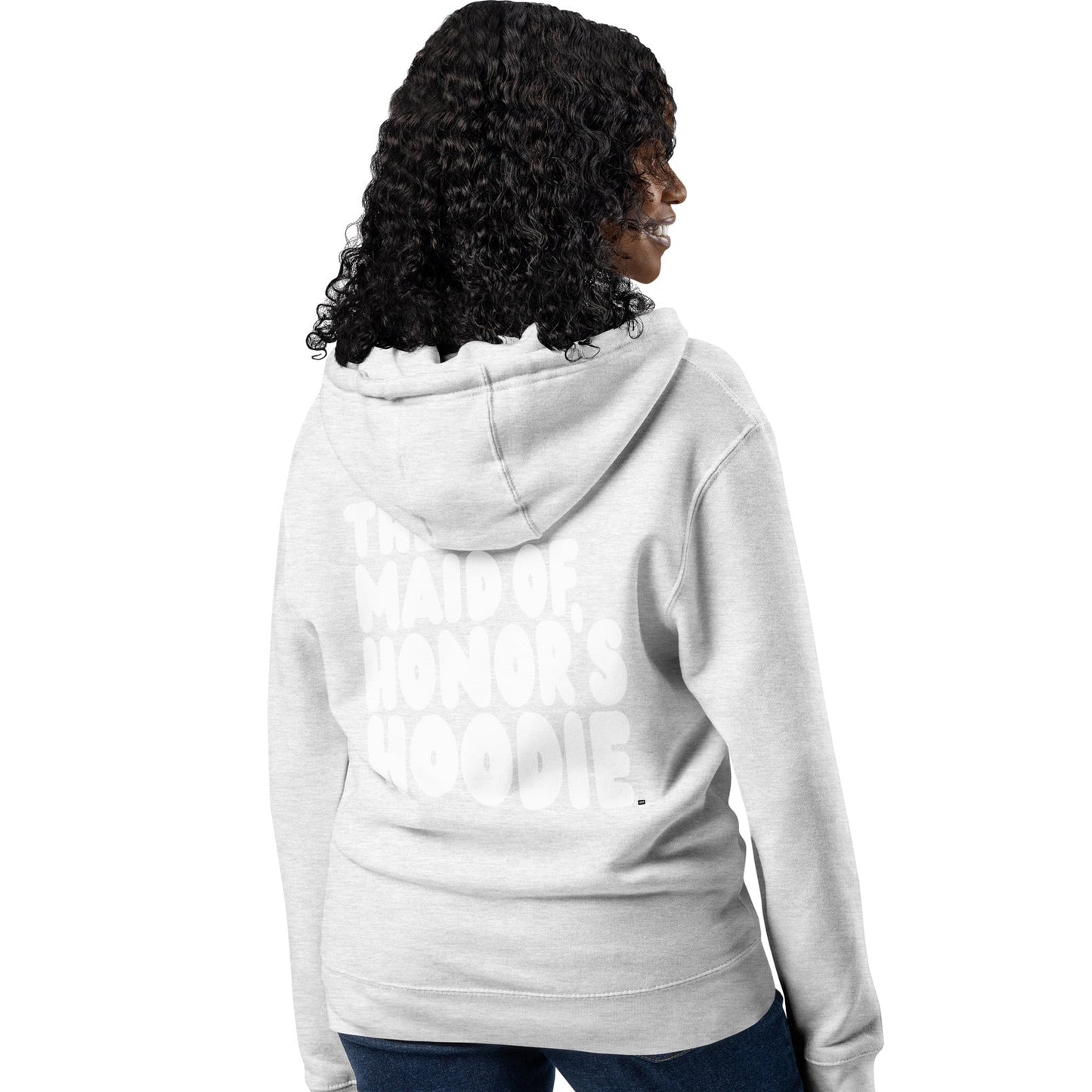 Woman wearing The Maid of Honor's Hoodie Premium Unisex Zip-Up Hoodie in grey