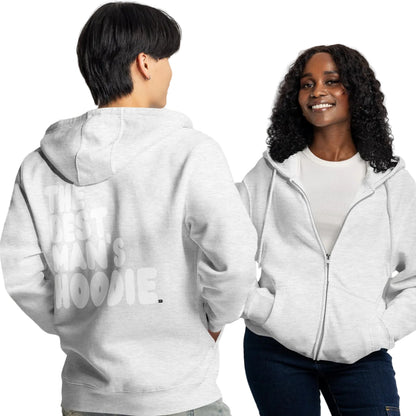 Man wearing The Best Man's Hoodie Premium Unisex Zip-Up Hoodie in Grey