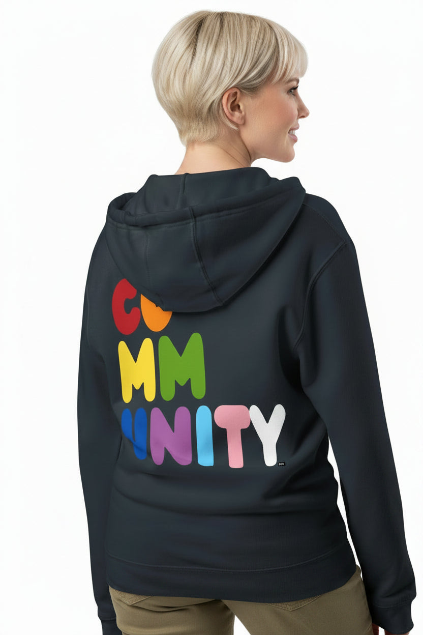 Back view of woman wearing the APWT Gift Shop's Rainbow Community Premium Unisex Zip-Up Hoodie