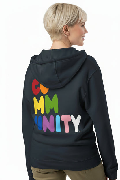 Back view of woman wearing the APWT Gift Shop's Rainbow Community Premium Unisex Zip-Up Hoodie