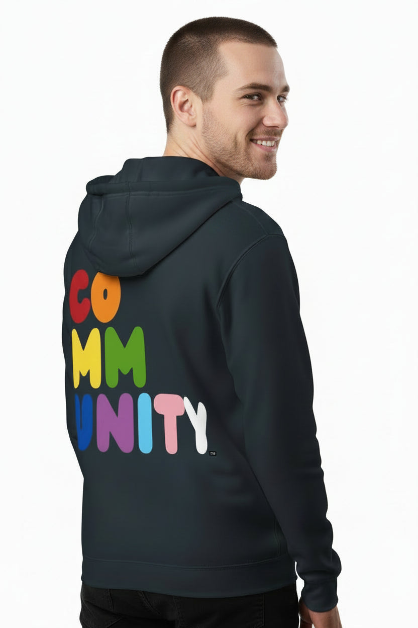 Back view of man wearing the APWT Gift Shop's Rainbow Community Premium Unisex Zip-Up Hoodie
