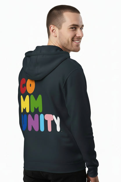 Back view of man wearing the APWT Gift Shop's Rainbow Community Premium Unisex Zip-Up Hoodie
