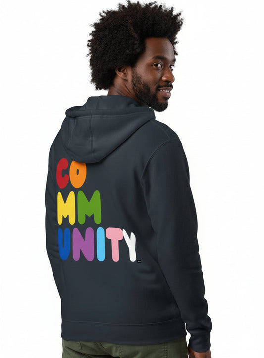 Back view of man wearing the APWT Gift Shop's Rainbow Community Premium Unisex Zip-Up Hoodie