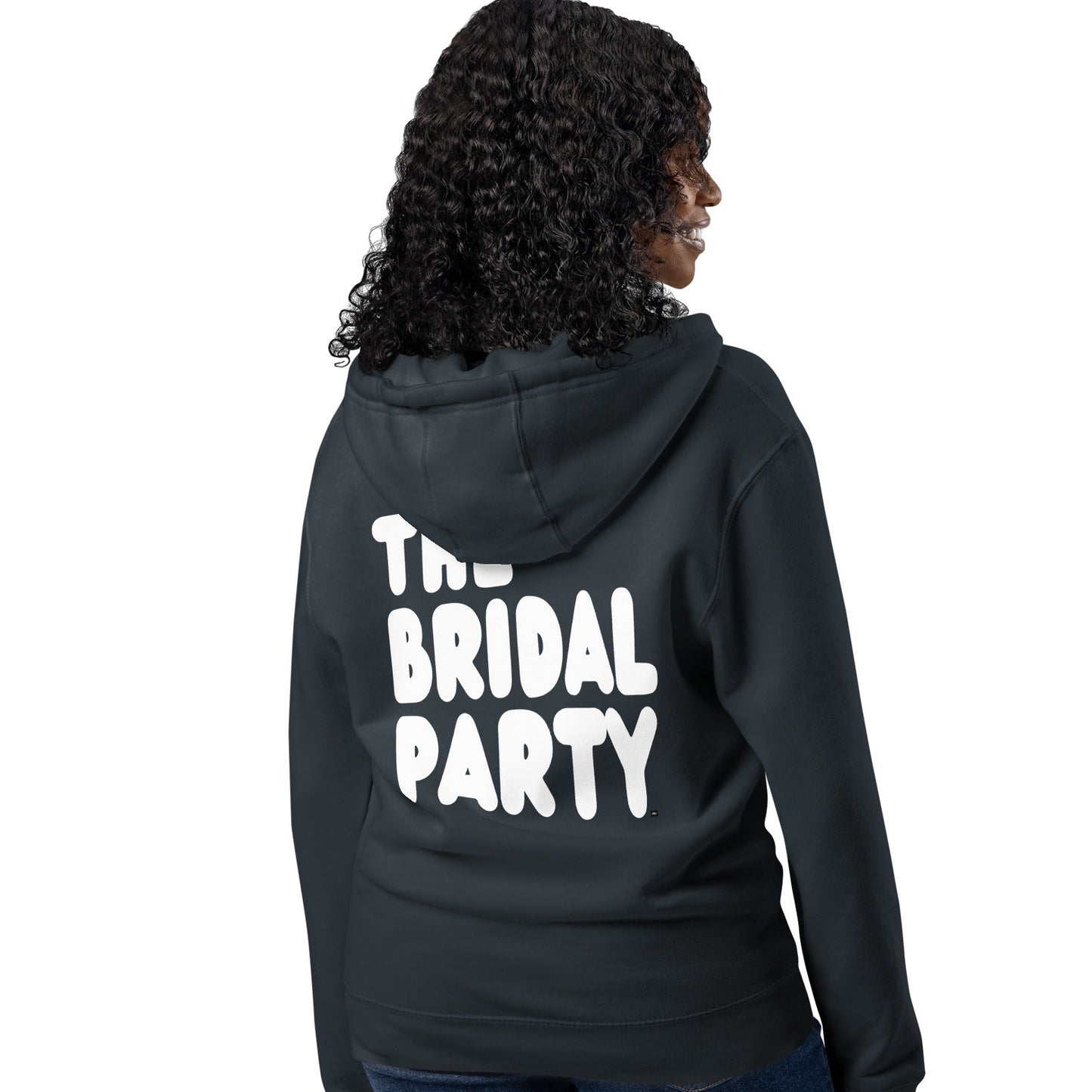Woman wearing The Bridal Party Premium Unisex Zip-Up Hoodie in Navy Blue