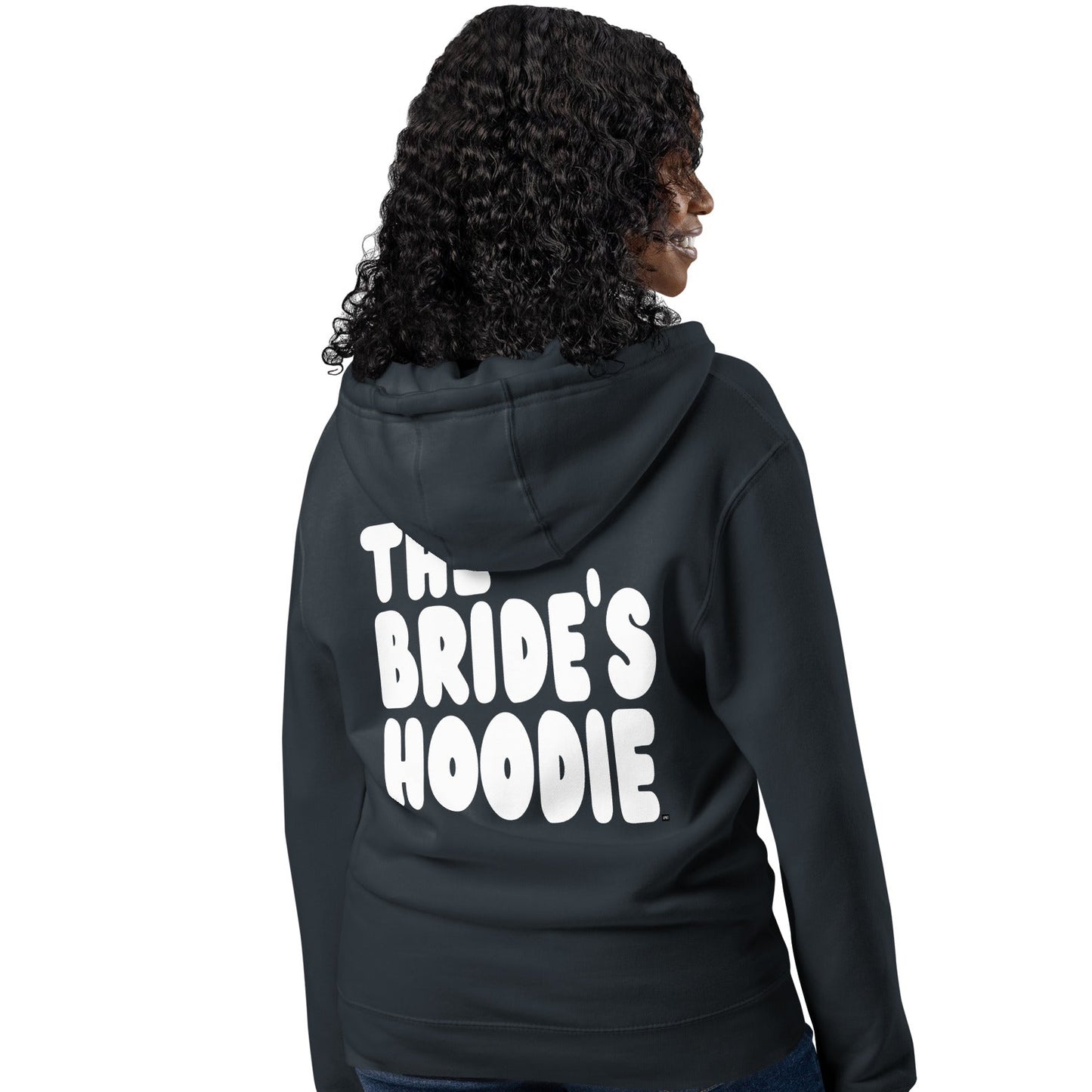 Woman wearing The Bride's Hoodie Premium Unisex Zip-Up Hoodie in Navy Blue