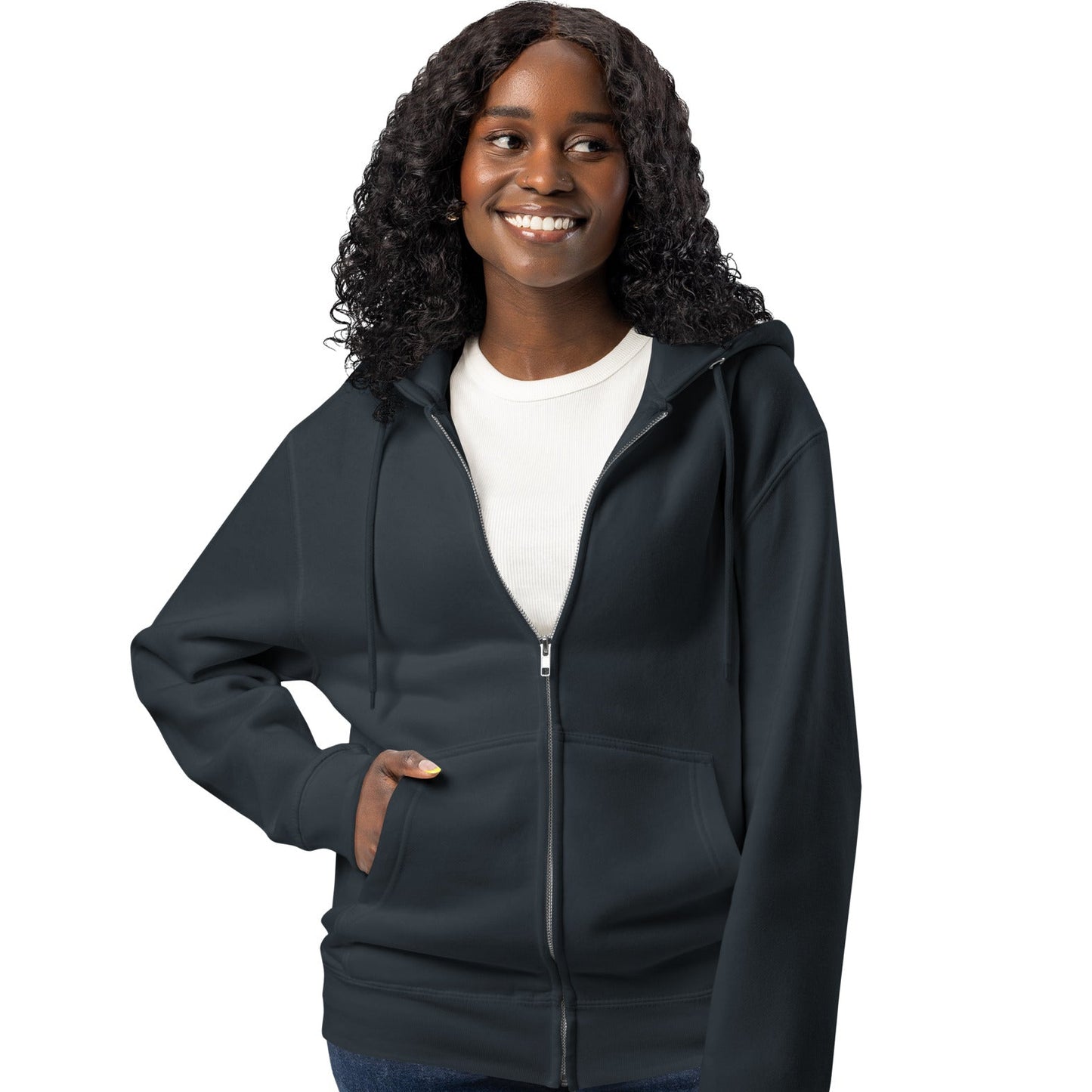 Woman wearing The Bride's Hoodie Premium Unisex Zip-Up Hoodie in Navy Blue