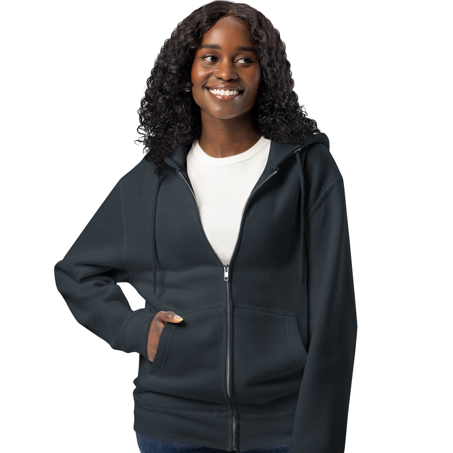 Woman wearing The Bride's Hoodie Premium Unisex Zip-Up Hoodie in Navy Blue