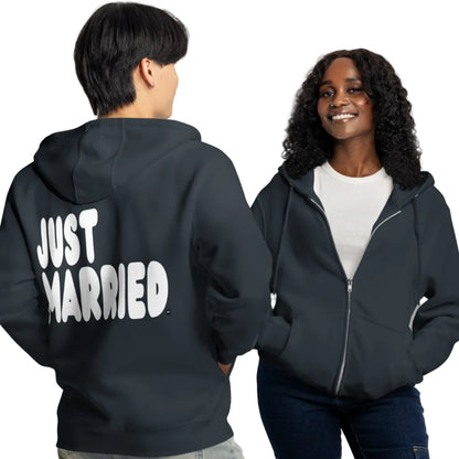 Couple wearing Just Married Premium Unisex Zip-Up Hoodie in Black
