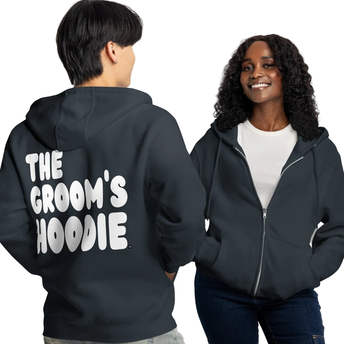 couple wearing The Groom's Hoodie Premium Unisex Zip-Up Hoodie in Navy Blue