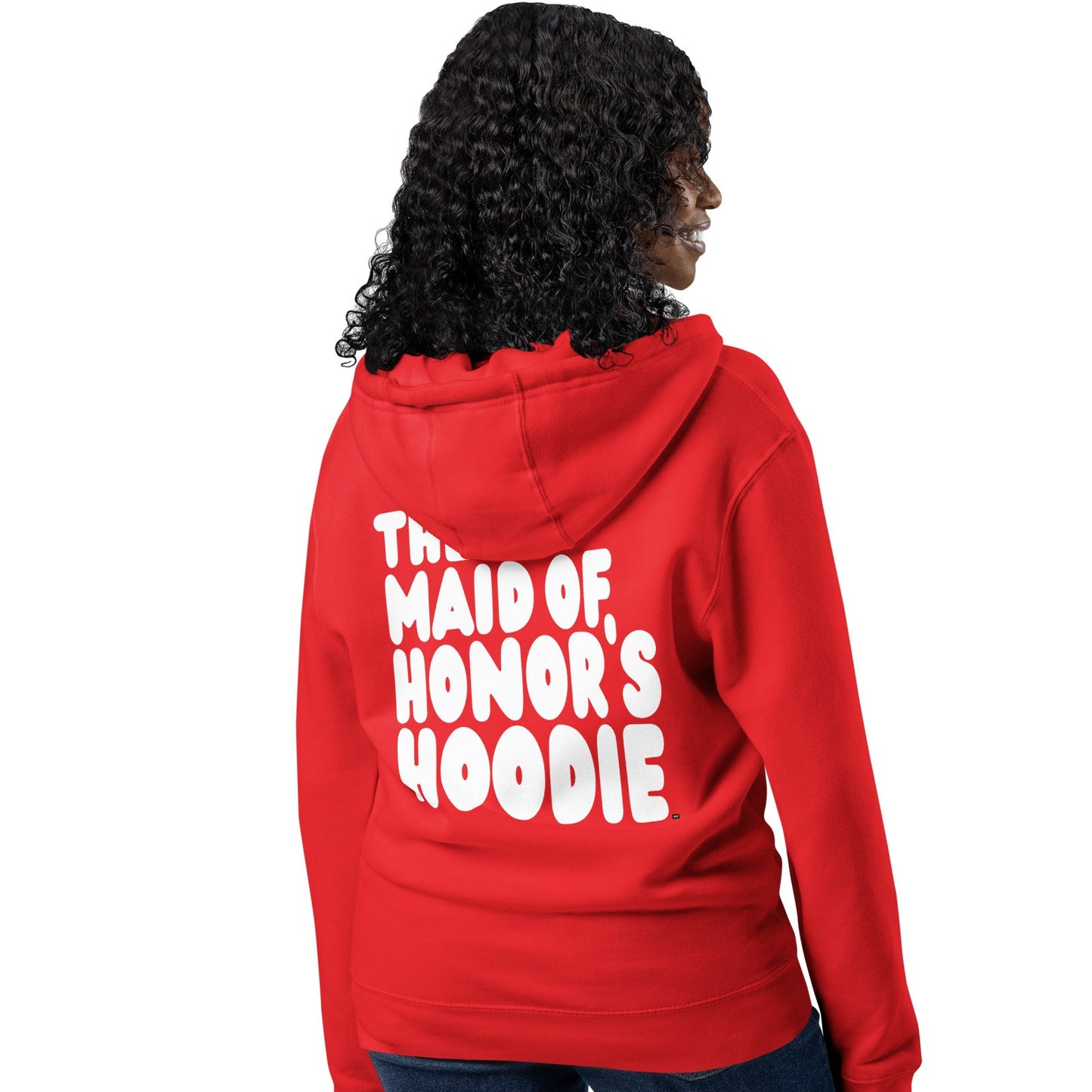 Woman wearing The Maid of Honor's Hoodie Premium Unisex Zip-Up Hoodie in Red