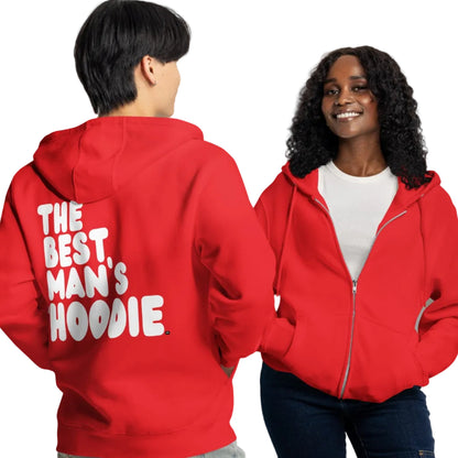 Man wearing The Best Man's Hoodie Premium Unisex Zip-Up Hoodie in Red