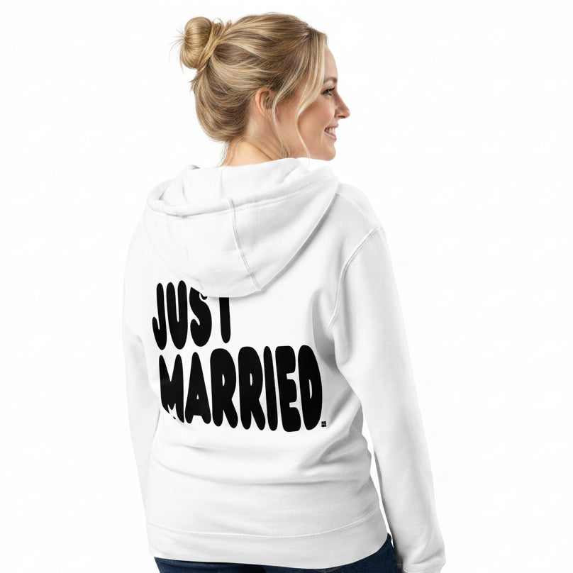 Woman wearing the Just Married Premium Unisex Zip-Up White Hoodie from the APWT Wedding Shop