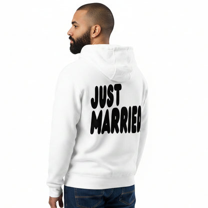 man wearing the Just Married Premium Unisex Zip-Up White Hoodie from the APWT Wedding Shop