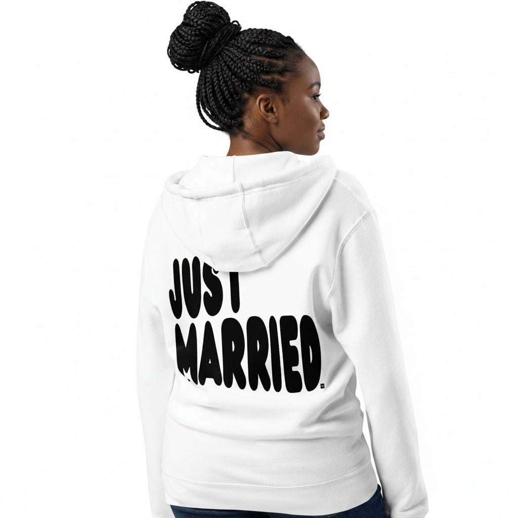 Woman wearing the Just Married Premium Unisex Zip-Up White Hoodie from the APWT Wedding Shop