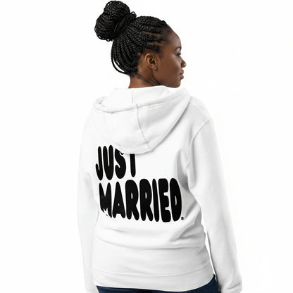 Woman wearing the Just Married Premium Unisex Zip-Up White Hoodie from the APWT Wedding Shop