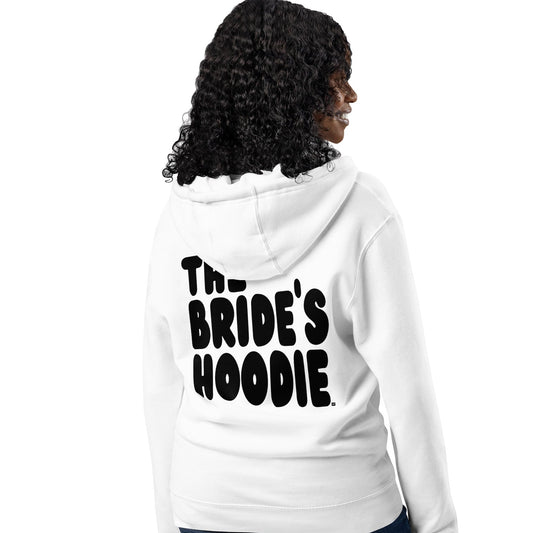 Woman wearing The Bride's Hoodie Premium Unisex Zip-Up White Hoodie