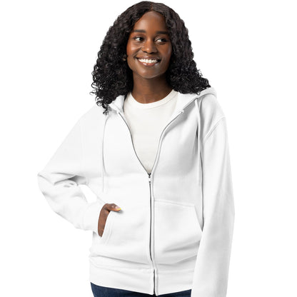 Woman wearing The Bride's Hoodie Premium Unisex Zip-Up White Hoodie
