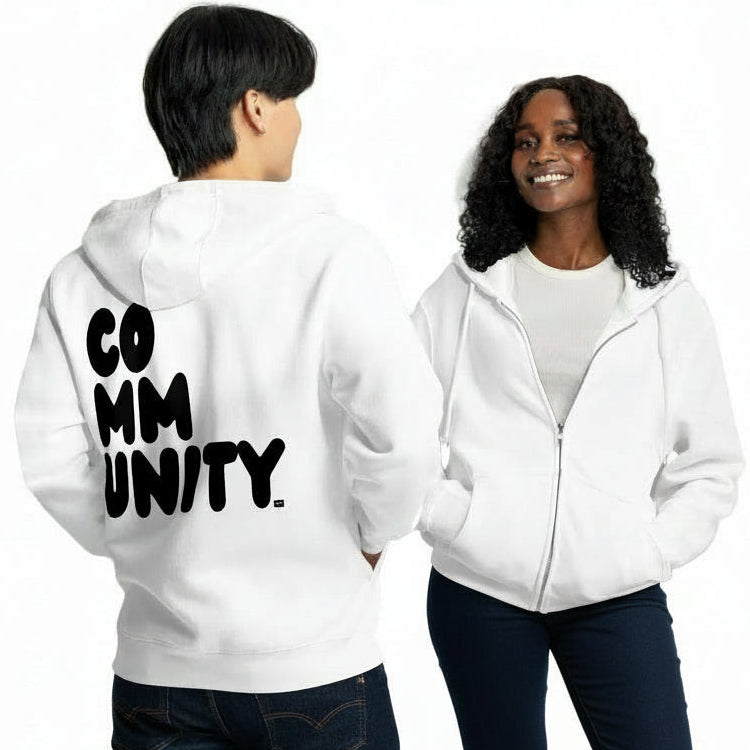 Community in Black and White Premium Unisex White Zip-Up Hoodie