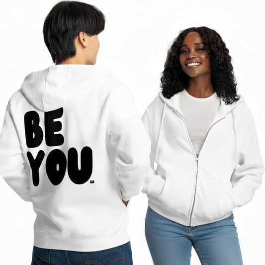 Be You in Black and White Premium Unisex White Zip-Up Hoodie - The APWT Gift Shop